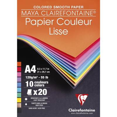 Bloc papier dessin lisse maya 20 feuilles A4 120g 10 teintes vives - CLAIREFONTAINE
