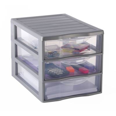Mini Tour de Rangement 3 Tiroirs Moyen Modèle PP Argent 36,5 x 26 x H25,5 cm - FAST