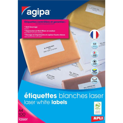 Boite 2100 étiquette 70x42 mm (21 x 100F A4) Las / Cop Coin Droit Permanent Blanc - Apli-Agipa