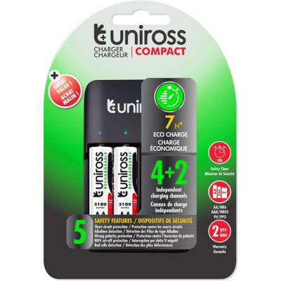 Chargeur COMPACT - 1 à 4 Piles AA/AAA/9V + 4 Piles AA rechargeable Inclus - UNIROSS