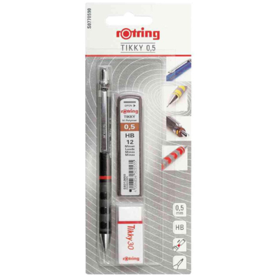 Porte-mine Tikky 0,5 mm, noir + Gomme 30 + Etui 12 mines - Rotring