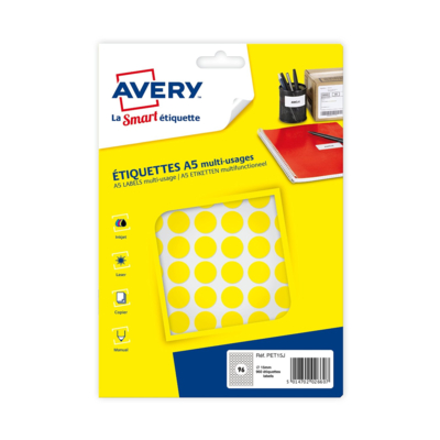 Sachet de 960 pastilles Ø15 mm. Imprimables. Coloris jaune - Avery