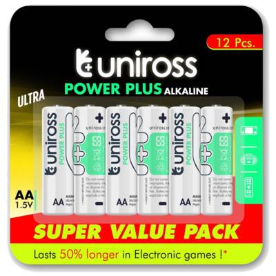 Pack de 12 Piles Alcalines AA-LR6 Power Plus 1,5V - UNIROSS