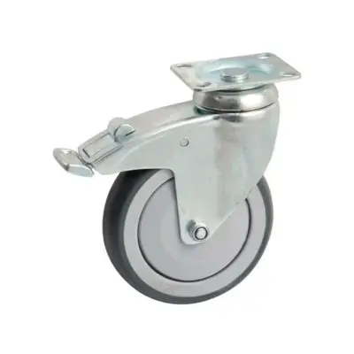 Roulette caoutchouc pivotante Ø125 à platine rectangulaire + frein AVL - Charge 100 kg - 550843O
