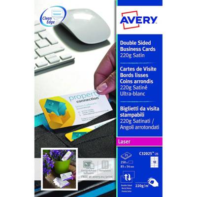 Pochette de 250 cartes de visite 85x54mm Quick&Clean laser mate 220g coins arrondis - AVERY ZWECKFORM