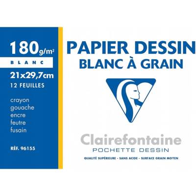 Pochette 12 Feuilles Dessin à grain 21x29,7 180g Blanc - CLAIREFONTAINE