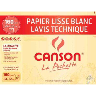 Pochette 12 feuilles Dessin Technique 24x32 200g lisse blanc - CANSON