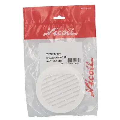 Grille d'aération ronde en polystyrène blanc avec moustiquaire Ø 100 mm - NICOLL - 1BC110