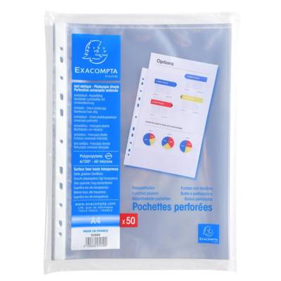Sachet de 50 pochettes perforées polypropylène lisse 6/100e - A4 - Cristal - EXACOMPTA