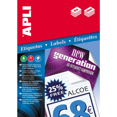 Boite de 100 Feuilles A3 100 étiquettes Multi-usages Permanent A3 297x420 mm Blanc - Apli-Agipa