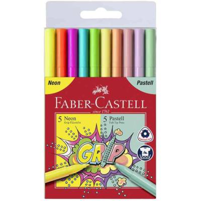 Feutres GRIP fluo + pastel, étui de 10 - FABER-CASTELL