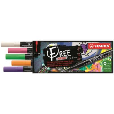 Etui carton 5 marqueurs pointe fine FREE acrylic T100 Set 1 "Spring" - STABILO
