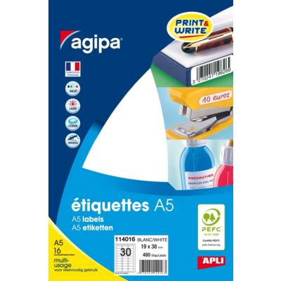 Etui de 480 étiquettes multi-usage permanentes 19x38 mm sur 16 feuilles A5 Blanc - APLI-AGIPA