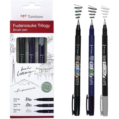 Set Fudenosuke Trilogy 3 Feutres de calligraphie Noir Souple et dur Gris dur - TOMBOW