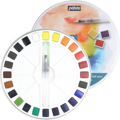 Boîte en métal de 24 demi-godets d'aquarelle fine et 1 Pinceau - PÉBÉO