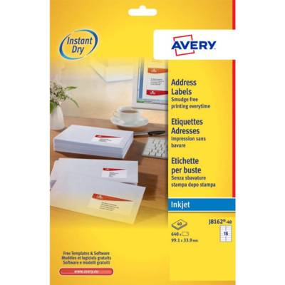J8162-40 - 640 étiquettes d'adressage blanches adhésives personnalisables. 99,1x33,9mm. Impression jet d'encre - AVERY