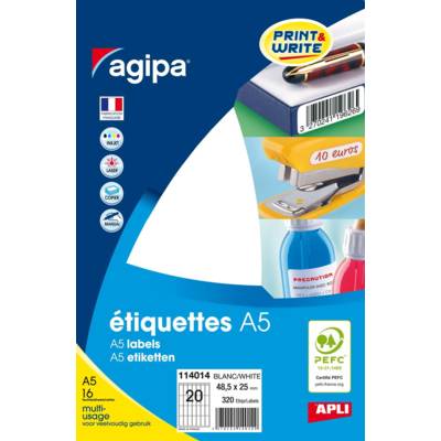 Etui de 16 feuilles A5 de 320 étiquettes multi-usage Permanentes 25x48,5 mm Blanc - APLI-AGIPA