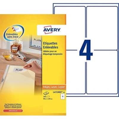 Boite de 100 Etiquettes laser enlevable 99.1x139mm (25 feuilles) L4733REV-25 - AVERY ZWECKFORM