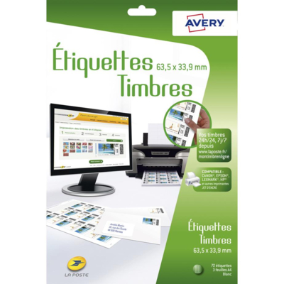 Étui 72 étiquettes adhésives blanches spécifiques pour créer ses timbres. 63,5x33,9mm - Avery