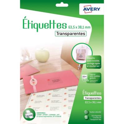 J8560CL - 126 étiquettes adresses 63,5 x 38,1 mm, Mates, transparentes Jet d'Encre - AVERY