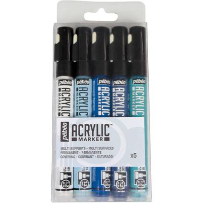 Set 5 Marqueurs acrylique Pointe ronde 1,2mm Blanc/Bleu clair/Cyan/Bleu Caraïbes/Bleu nuit - PÉBÉO