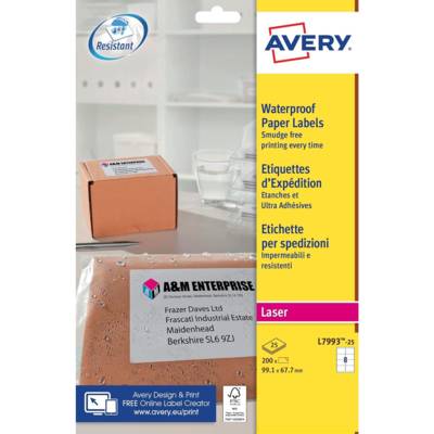 Boite 200 etiquettes laser ultra résistante blanches 99,1x67,7 expédition - AVERY ZWECKFORM