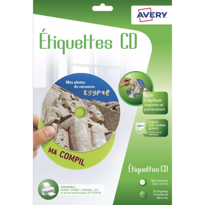 Etui de 30 étiquettes adhésives blanches pour CD Impression jet d'encre - Avery