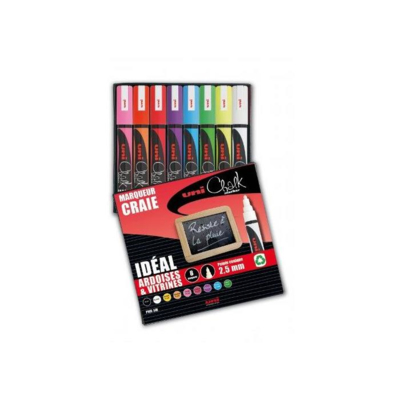Boîte de 8 marqueurs craie Pte conique moy. CHALK Marker PWE5M/8 1,8 - 2,5mm Assorti - Uni-Ball
