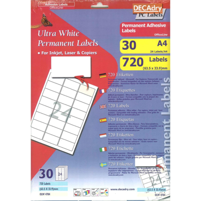 Pochette 720 étiquettes blanches multi-usage 63,5 x 33,9 mm - Apli-Agipa