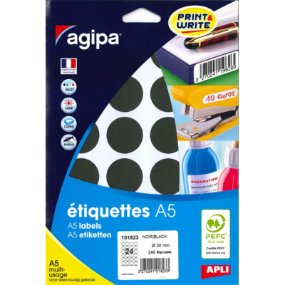 Etui A5 ( 10F ) de 240 Pastilles Gommettes Rondes 30 mm Noir - Apli-Agipa