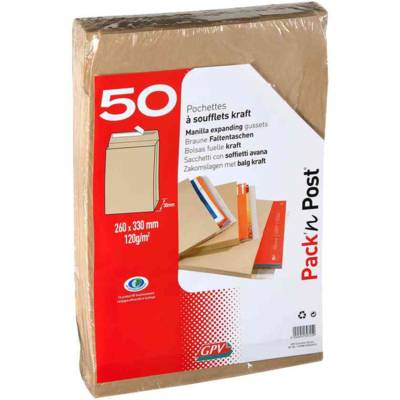 Boite de 50 sacs à soufflets kraft brun 26 280x375 120 g/m² bande de protection - GPV