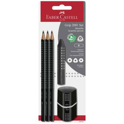 Kit 3 Crayons Graphite GRIP 2001 Grade B Noir + Gomme + taille-Crayon - FABER-CASTELL