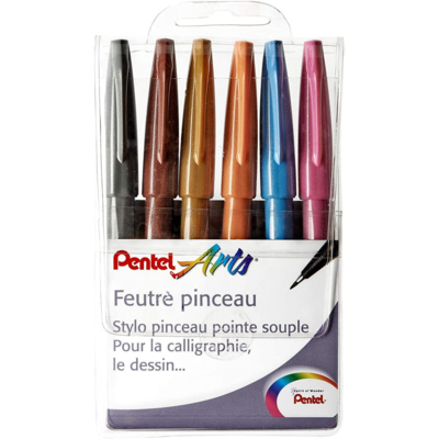 Pochette de 6 Feutres pinceau Brush Sign Pen Rose, Bleu Ciel, Orange, Marron, Ocre, Gris - Pentel