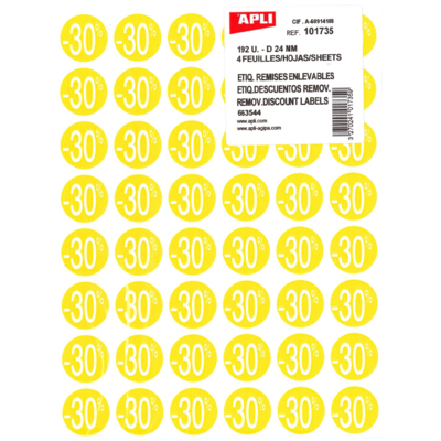 Pochette de 192 pastilles remises -30 % Diam 24 mm Jaune - Apli-Agipa