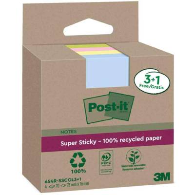 Super Sticky Recycling Notes, 4x70 feuilles, 76 x 76 mm, coloré - Post-it