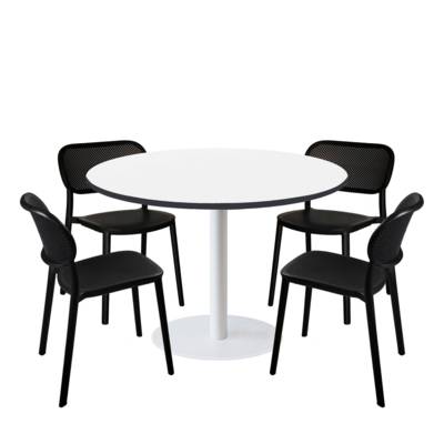 Lot table Ø120cm & 4 chaises - pied blanc plateau blanc chants noir - intérieur - RestooTab