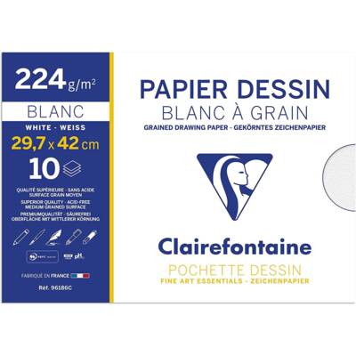 Pochette 10 feuilles dessin à grain 29,7x42 224g Blanc - CLAIREFONTAINE