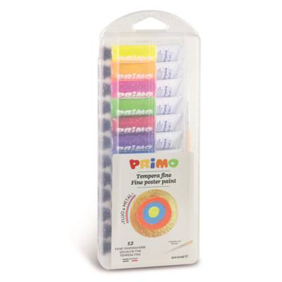 Boîte de 12 Tubes 12ml Gouache 12 couleurs: 4 couleurs fluos et 8 Métalliques - PRIMO