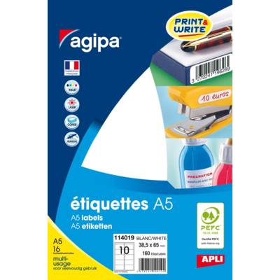Etui A5 ( 16F ) de 160 étiquettes multi-usage Permanentes 38,5x65 mm Blanc - APLI-AGIPA