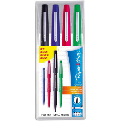 Lot de 4 feutres Nylon Flair coloris standard : bleu, noir, rouge, vert - PAPER:MATE