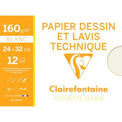 Pochette papier dessin & lavis technique 24x32 12F 160g Blanc - CLAIREFONTAINE