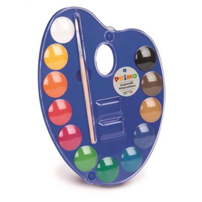 Pastilles d'aquarelle, boîte en plastique avec couvercle/palette, 12 couleurs. Ø 25 mm - PRIMO