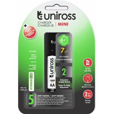 Chargeur Mini Hybrio AA/AAA + 2 piles rechargeables AA 1,2 V inclus - UNIROSS