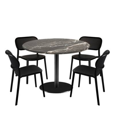 Lot table Ø120cm & 4 chaises - pied noir plateau marbre royal - intérieur - RestooTab