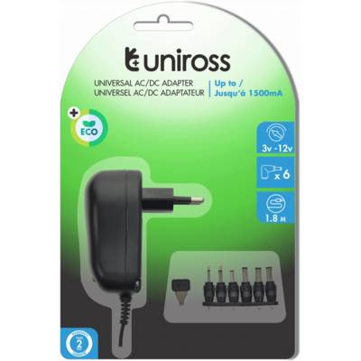 Alimentation Universelle, Tension réglable 3V-12V, avec 6 adaptateurs, Max. 1500mA 18W - UNIROSS