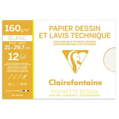 Pochette papier dessin & lavis technique A4 12F 160g - CLAIREFONTAINE