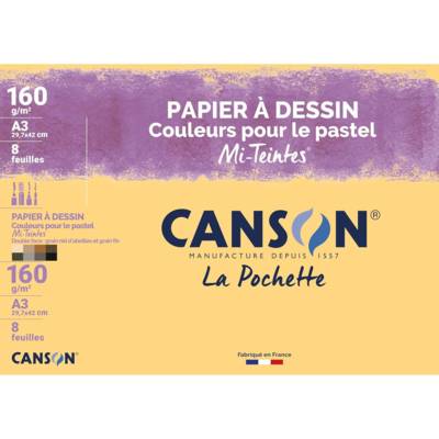 Pochette de 8 feuilles Papier à dessin "Mi-Teintes" A3 160g Couleur Pastel - CANSON