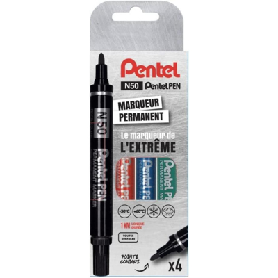 Pochette de 4 Marqueurs permanents PENTEL PEN N50 : 1 x Noir, 1 x Rouge, 1 x Bleu, 1 x Vert