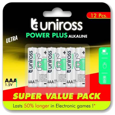 Pack de 12 Piles Alcalines AAA-LR03 Power Plus 1,5V - UNIROSS