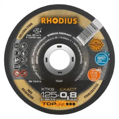 Disque à tronçonner RHODIUS XT8 - Ø125 mm x 0.8 x 22.2 mm - Acier Inox - 206684 - RHODIUS SARL
